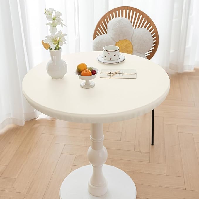 Round Fitted PU Tablecloth with High Elastic Edge 31 Inch Dia Waterproof Oil Proof Table Cloth Anti-Scald Stain-Resistant Wipeable Table Cover for Indoor Outdoor Picnic (Cream,31" Dia)