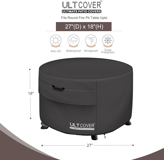ULTCOVER Patio Fire Pit Table Cover Round 27 inch Outdoor Waterproof Fire Bowl Cover, Black