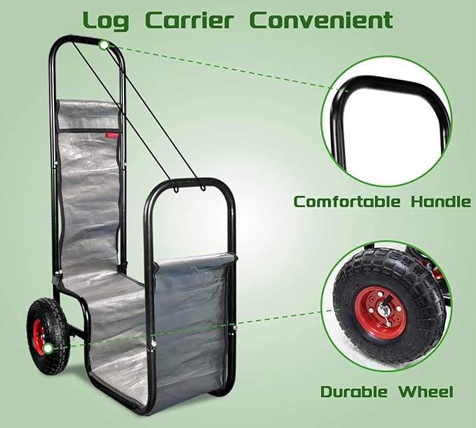 Firewood Cart with Pneumatic Wheel: 44 X 27 X 20 in Heavy Duty 220 lbs Load for Garden Backyard Fireplace Men Women Use