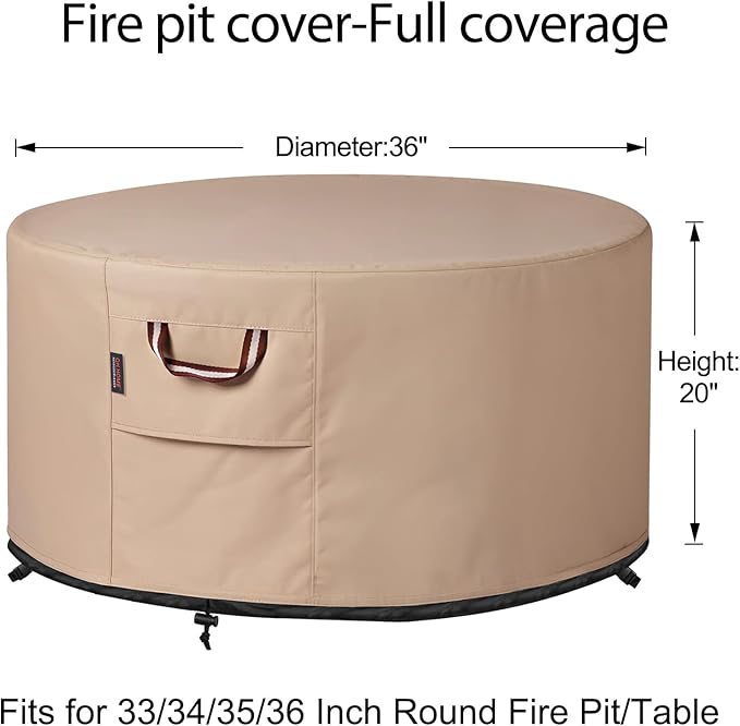 QH.HOME Fire Pit Cover Round-33-36 Inch Heavy Duty 900D Strong Tear-Resistant and UV Resistant and Waterproof and Fading Resistant Material Polyester Firepit Covers Round for Outdoor Fire Pit-Wheat