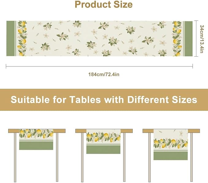 Lemon Spring Table Runner, Farmhouse Rustic Summer Flower Leaves Table Cover for Home Kitchen Dining Room Table, 13x90inch
