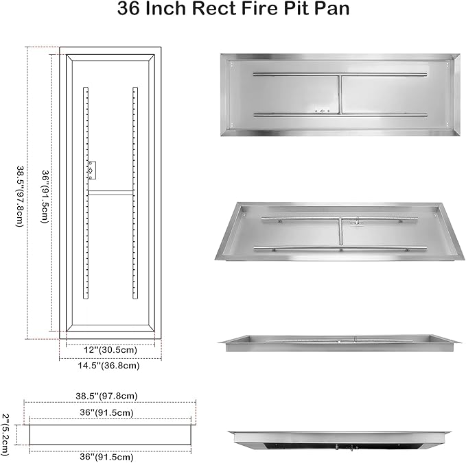 Stanbroil 36 x 12 Inch Rectangular Fire Pit Burner with Drop-in Fire Pan, Gas Firepit Insert for DIY Fire Table, 304 Stainless Steel, 150,000 BTU Max