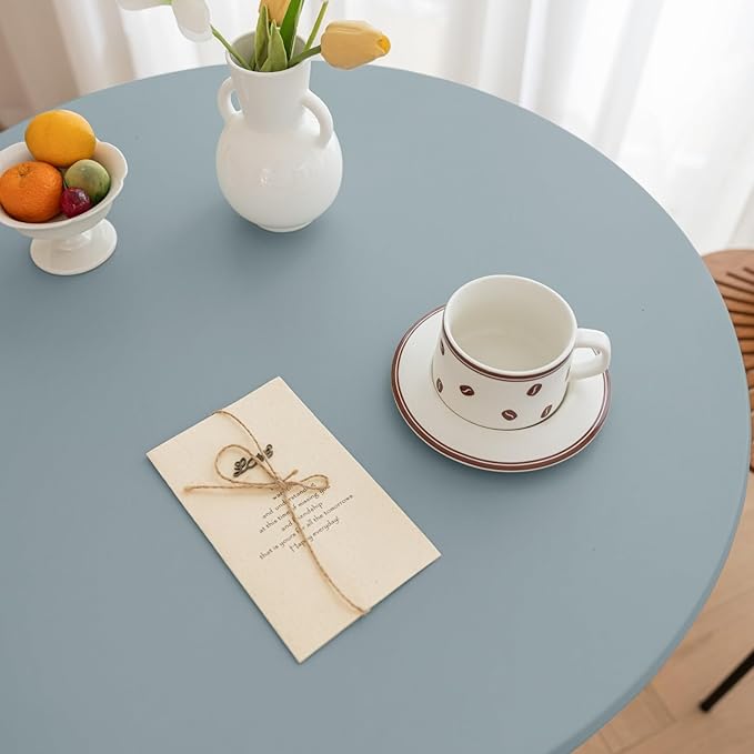 Round Fitted PU Tablecloth with High Elastic Edge 43 Inch Dia Waterproof Oil Proof Table Cloth Anti-Scald Stain-Resistant Wipeable Table Cover for Indoor Outdoor Picnic (Blue,43" Dia)