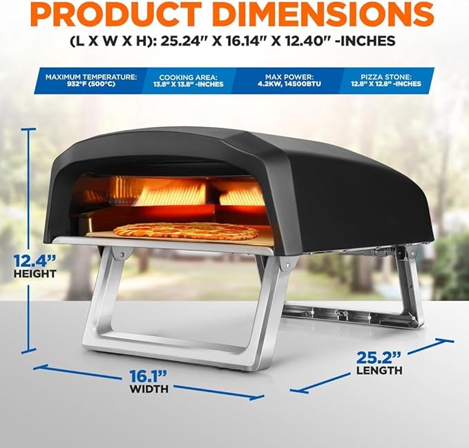 NutriChef Portable Outdoor Gas Pizza Oven - Includes Foldable Feet, Adjustable Heat Control Dial, Burner, Stone & Regulator Hose - Cooks 12" Pizza in 60 Seconds - 25.24'' x 16.14'' x 12.40'' IN