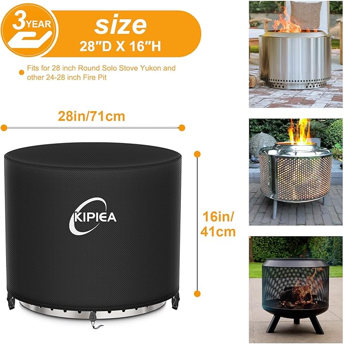 Kipiea Round Fire Pit Cover for Solo Stove Yukon - 100% Waterproof Smokeless Fire Pit Cover, Upgraded 600D Strong Tear and UV Resistant - 28" Dia X 16" H