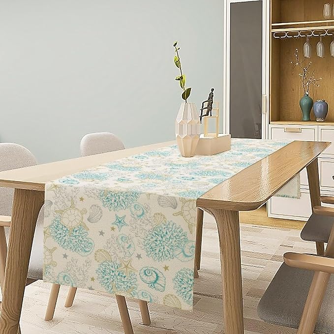 Ocean Coastal Table Runner, Nautical Summer Beach Coral Sea Turtle Table Runner for Kitchen Coffee Dining Bedroom Living Room Dinner 13x36in