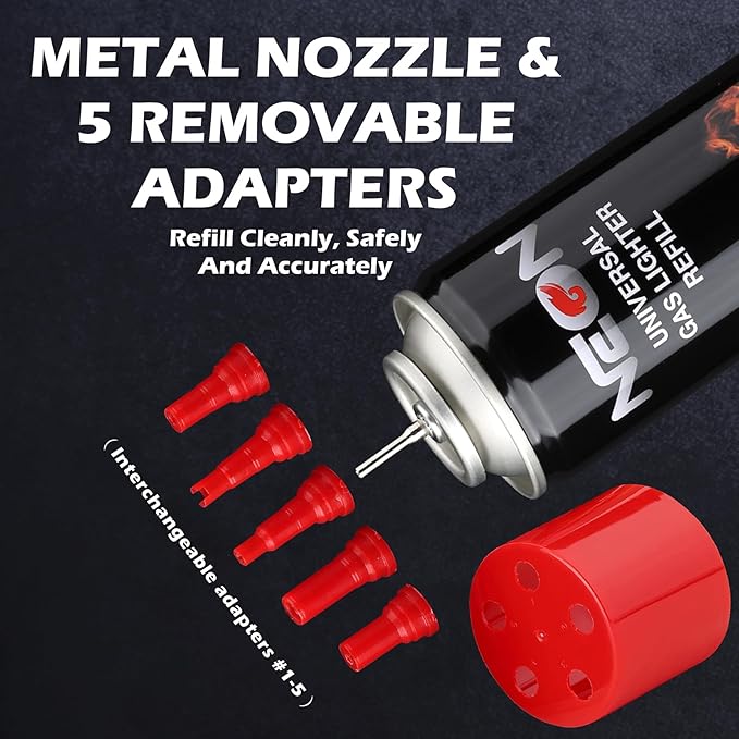 NEON Butane Fuel 300ml, 5X Premium Refined Butane Refill for Torch Lighter, 0 Impurities Lighter Fluid with Metal Nozzle & 5 Butane Gas Refill Adapters for Culinary, Welding, and DIY (4 Cans)
