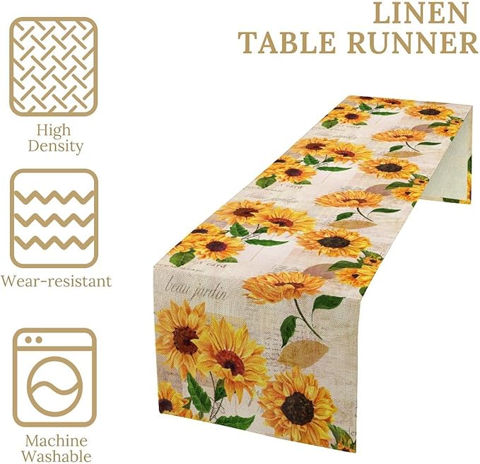 Retro Sunflower Table Runner, Vintage Newspaper Sunflower Blossoms Rustic Farmhouse Flower Table Cover for Kitchen Dinning Party Holidays Decor, 13x108inch