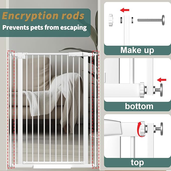 40.55" Tall 1.37" Ultra Narrow Spacing Dogs Pets Baby Gate for Doorway Hallway Safety Proof Indoor 69.48-77.36" Extra Wide Puppy Pressure Mounted No Drill Walk Through White Metal