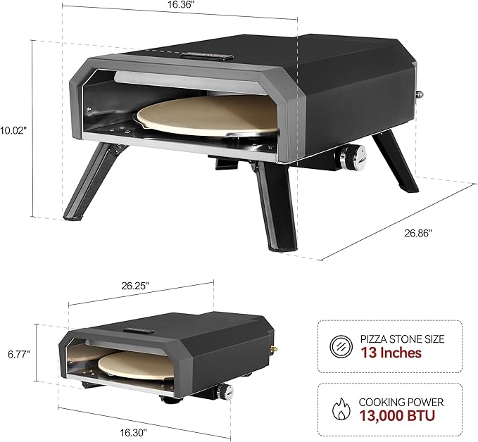 Outdoor Pizza Oven with 13-Inch Pizza Stone, 13,000 BTU, Portable Propane Gas Pizza Maker with Collapsible Legs for Backyard, Outdoor, Handmade Pizza, Black, GP1301-SC