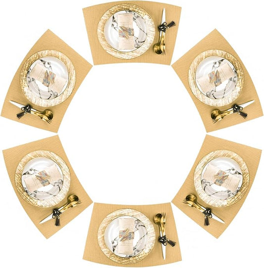 Faux Leather Placemats, Heat Resistant PU Table Mats Set of 6, Waterproof Oil-Proof Wipeable Reversible Place Mats for Kitchen Dining Table, Easy to Clean (Gold, Round Table)