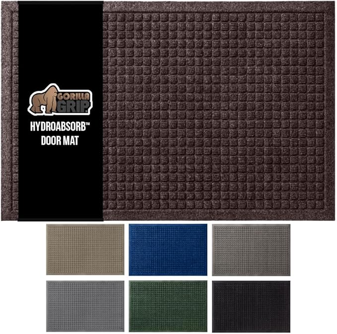 GORILLA GRIP Front Door Mat, Indoor Outdoor Ultra Absorbent HydroAbsorb Doormat, Absorbs Up to 1.7 Cups of Water, Stain and Fade Resistant, Rubber Backing Doormats, Captures Dirt, 29x17 Coffee