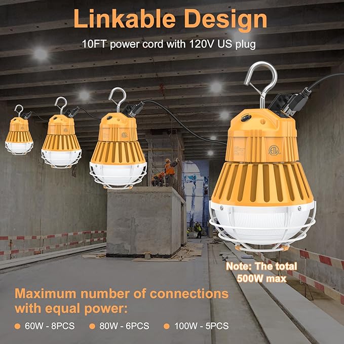 LED Temporary Work Light,100W/80W/60W Adjustable,4500K/5000K/5700K CCT Adjustable Construction Light with 10ft Cable Plug and Sturdy Hooks Linkable LED Work Job Site Lighting ETL Listed AC100-277V