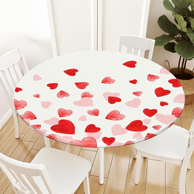 Valentines Day Round Fitted Tablecloth with Elastic Pink Red Love Heart Circle Table Cloth for 40-44" Round Tables Wipeable Waterproof Washable Valentine Table Cover for Picnic Dining Party Decor