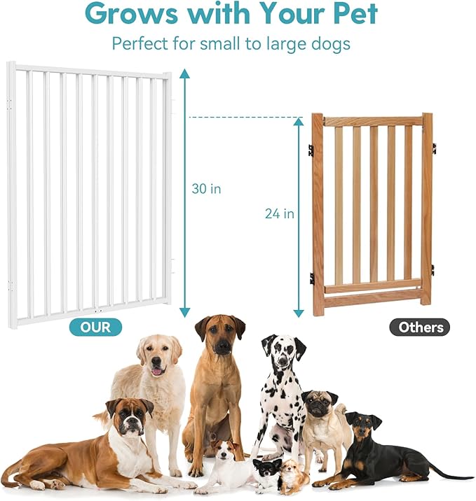 No Pawblems Free Standing Dog Gate with Door, 30'' Tall Foldable Dog Fence for Indoor & Outdoor, Up to 156 Inch Extra Wide Puppy Gate for Stairs, Hallways, Doorways, Deck, Yard (White, 6 Panels)