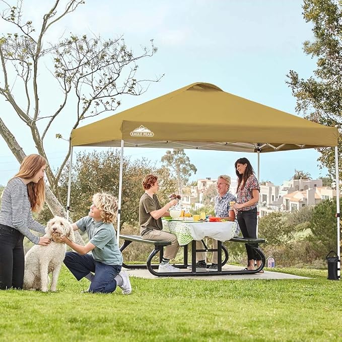 EAGLE PEAK Pop Up Canopy Tent with Wheeled Carry Bag, 8 Stakes, 4 Ropes, 4 Weight Bags, Easy Set Up Tent Canopy, 10x10 ft, 100sqft of Shade, Beige