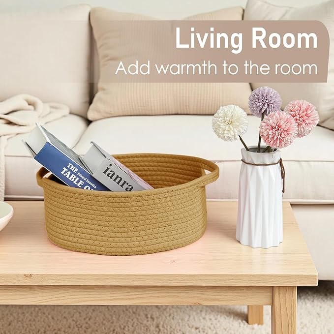 Woven Basket,Small Rope Storage Bin with Handles & Ribbon Bag, Organizer for Shelves Closets,Gift Basket Empty for Birthday,Books,Dog Toys, Jute/2 Pack