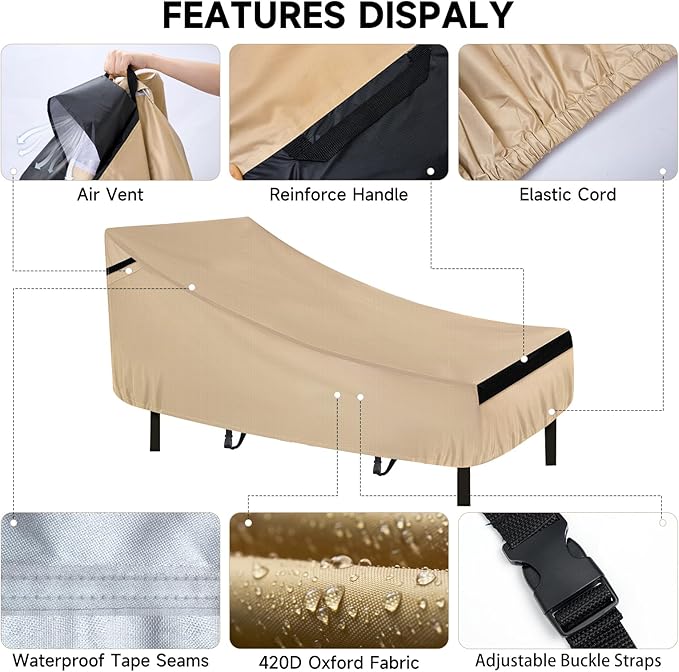 NEVERLAND Patio Chaise Lounge Cover - 420D Lounge Chair Covers Waterproof Outdoor with Air Vent and Adjuatable Buckles All Weather Protection - 68L x 30W x 30H inch Golden