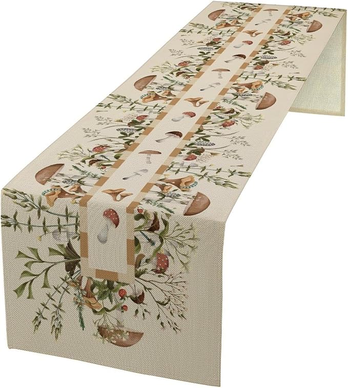 Wild Mushroom Table Runner, Retro Floral Plants Botanical Print Table Cover for Kitchen Dining Table Wedding Home Party Decor, 13x90inch
