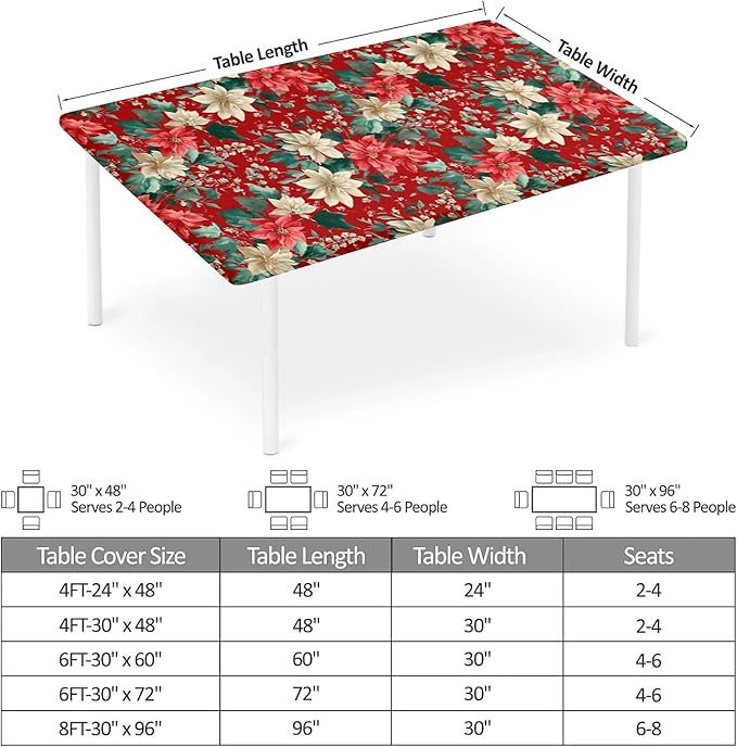Rectangle Table Cloth Cover Waterproof Elastic Fitted Polyester Fitted Tablecloths for 8 Foot Tables for Indoor,Picnic, Camping, Outdoor （96" x 30"，Christmas Flowers）