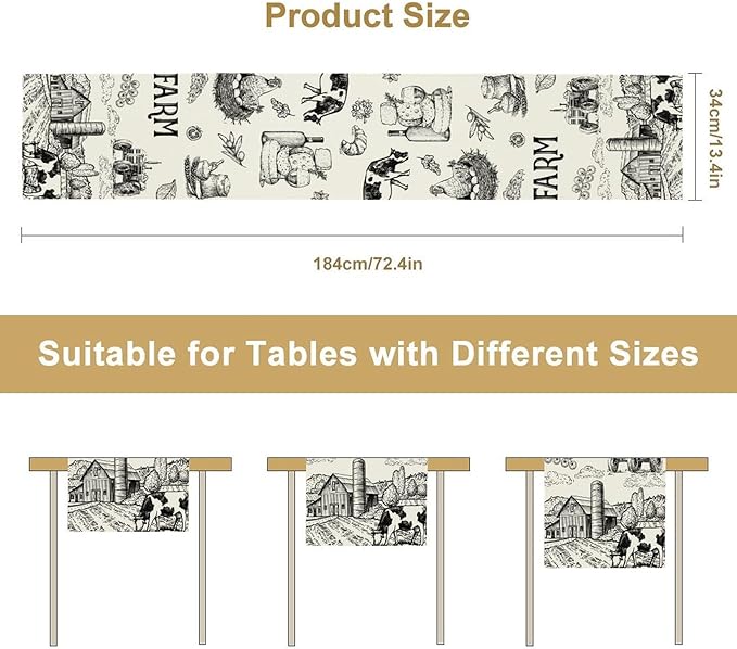 Milk Farm Table Runner, Rustic Farmhouse Animals Fresh Eggs Bread Vegetables Print Table Runner for Farmhouse Kitchen Decor Party Picnic Holiday Dinner, 13x60inch