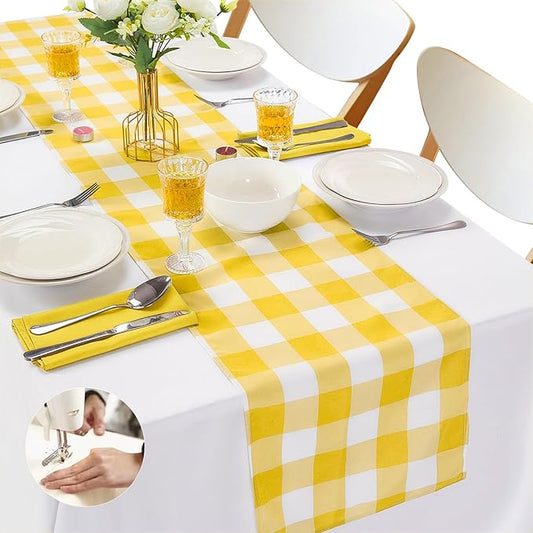 Fabric Checkered Table Runner 6 Pack Waterproof Gingham Table Runner 14W x 108L Buffalo Check Table Runners for Parties Kitchen Dining Wedding Banquet (Yellow and White)