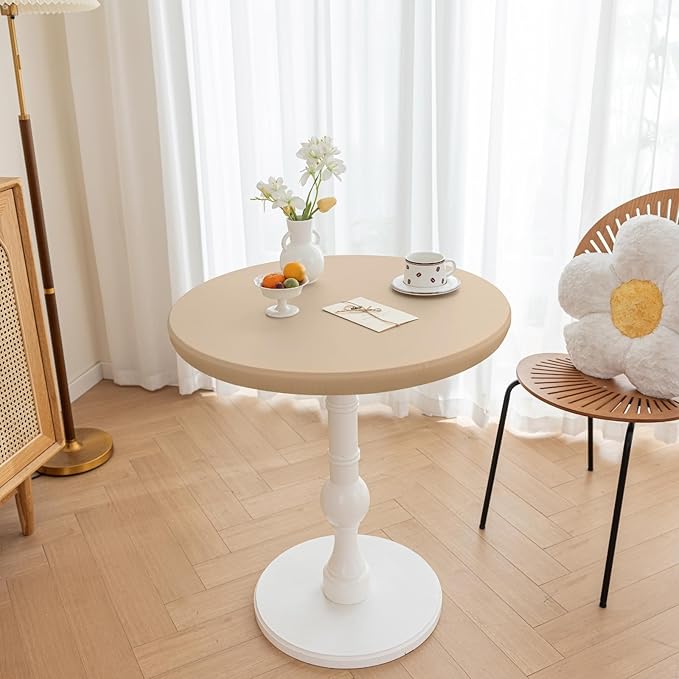 Round Fitted PU Tablecloth with High Elastic Edge 63 Inch Dia Waterproof Oil Proof Table Cloth Anti-Scald Stain-Resistant Wipeable Table Cover for Indoor Outdoor Picnic (Beige,63" Dia)