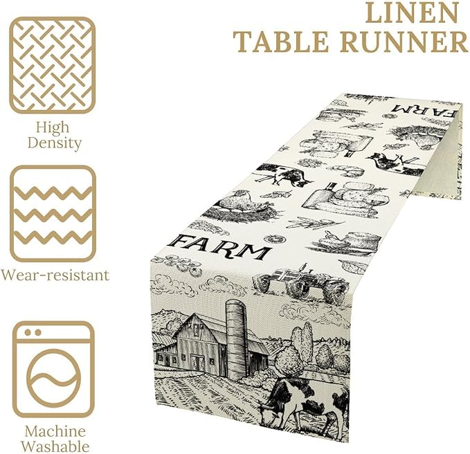 Milk Farm Table Runner, Rustic Farmhouse Animals Fresh Eggs Bread Vegetables Print Table Runner for Farmhouse Kitchen Decor Party Picnic Holiday Dinner, 13x60inch