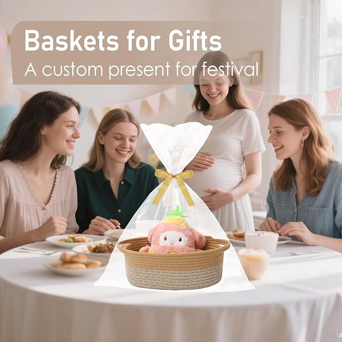 Woven Basket,Small Rope Storage Bin with Handles & Ribbon Bag, Organizer for Shelves Closets,Gift Basket Empty for Birthday,Books,Dog Toys, Jute&Brown/3 Pack