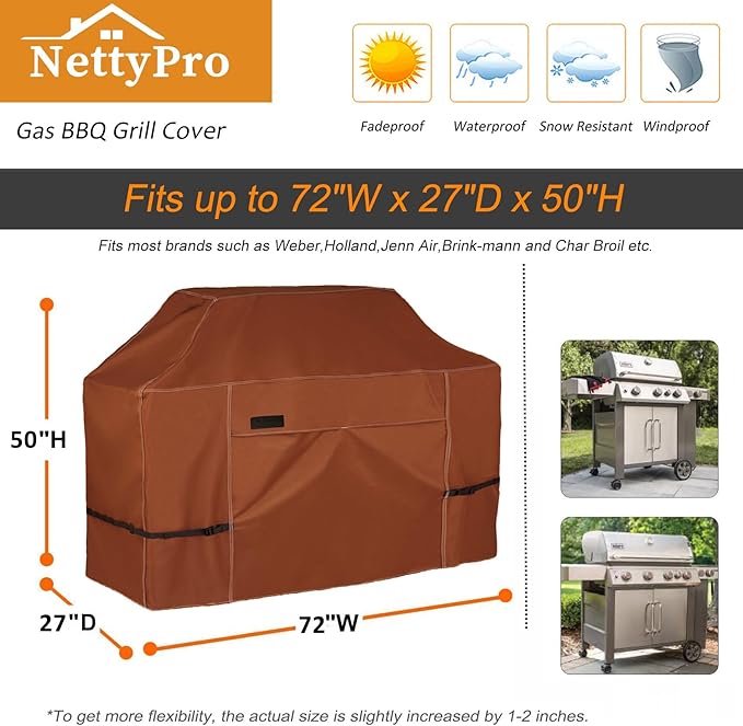 NettyPro Grill Cover Heavy Duty Waterproof 72 inch, Outdoor 3-5 Burners Gas BBQ Cover for Outside Weber, Char-Broil, Brinkmann, Nexgrill Large Barbecue, Black