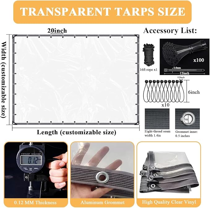 17x31 FT Clear Vinyl Patio Enclosure Panels - Heavy Duty Waterproof Clear Tarps with Reinforced Edges & Grommets for Temporary Winter Porch Enclosure & Deck Enclosure