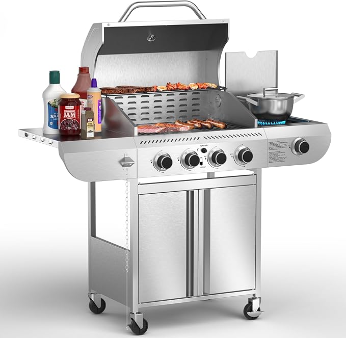 G41 Pro Gas Grill,Heavy-Duty Stainless Steel BBQ Grill,4 Burner Gas Grill with Side Burner,42000 BTU Propane Grill for Outdoor Cooking,Barbecue,Garden and Patio Backyard