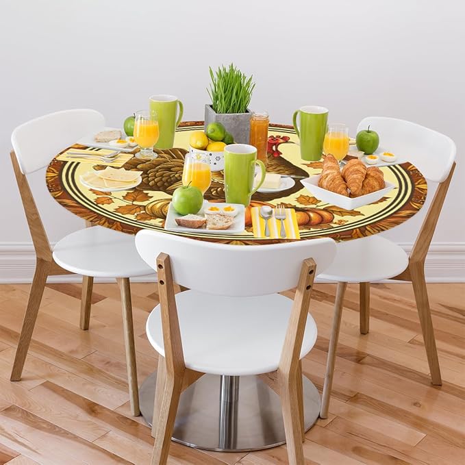 Thanksgiving Vintage Turkey Round Table Cloth Cover, Elastic Edge Waterproof Wipeable Tablecloths 36"-42" Polyester Tablecloth for Party Restaurant Banquet Holiday Camping Outdoor Picnic