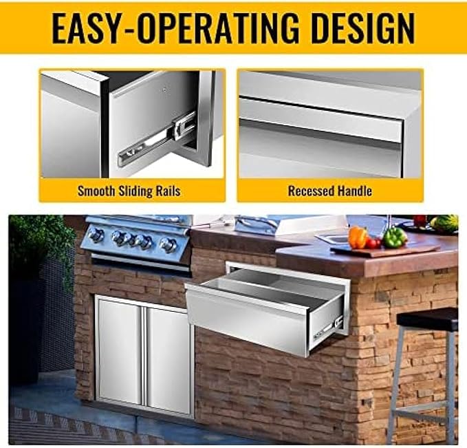 Flush Mount Stainless Steel Double Drawers with Recessed Handles for Outdoor Kitchens Or BBQ Island,-30W X 10H X 23D Inch