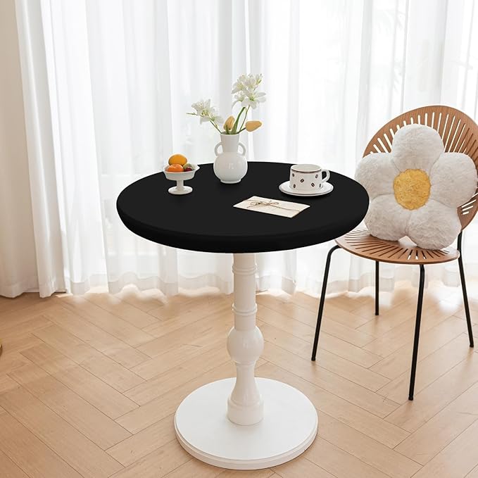 Round Fitted PU Tablecloth with High Elastic Edge 31 Inch Dia Waterproof Oil Proof Table Cloth Anti-Scald Stain-Resistant Wipeable Table Cover for Indoor Outdoor Picnic (Black,31" Dia)