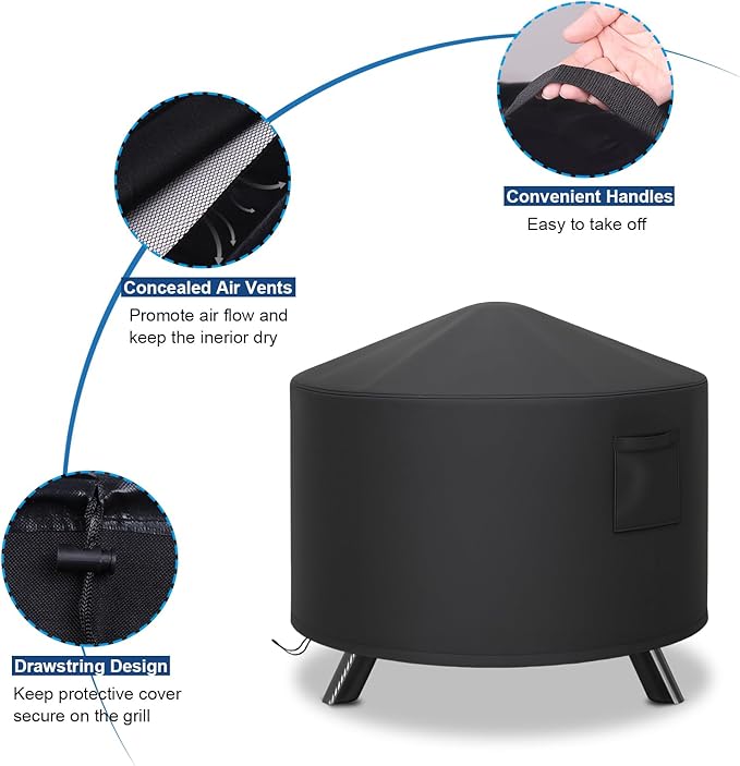 Fire Pit Cover Round, Heavy Duty Waterproof Patio Fire Bowl Cover, Outdoor Firepit Cover with Drawstring and Air Vents for Fire Pit 36-40 Inches