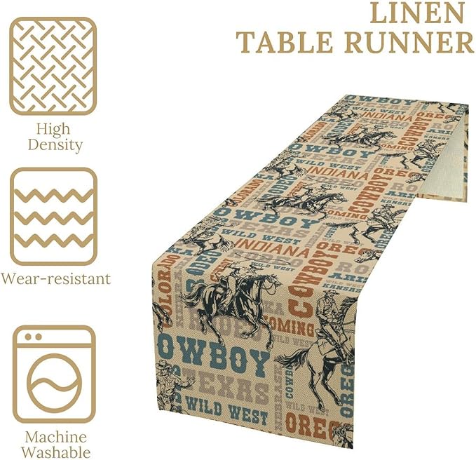 Western Cowboy Table Runner, Vintage Country American West Cowboy Riding Horse Table Runner for Home Kitchen Dining Party Farmhouse Cafe Outdoor 13x60in