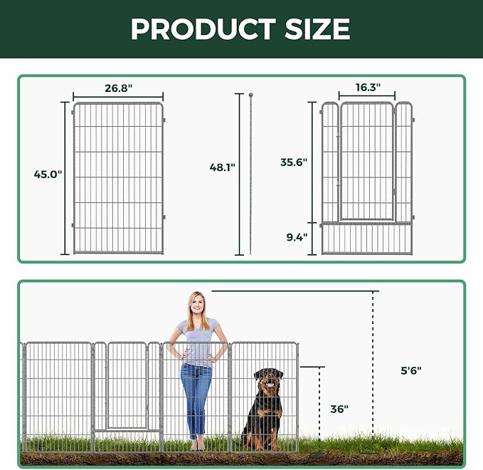 FXW Garden Fence Outdoor for The Yard – 45in(H) x 18.2ft(L) Heavy Duty Metal Animal Barrier for Dog and Rabbit, Decorative Dog Fence, 8 Panels, Silver