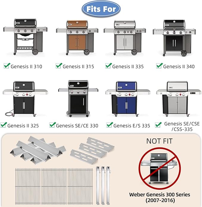 66095 Cooking Grids With 66032 Flavorizer Bars And 67489 Burner Tube for Weber Genesis II Grill Parts, 66795,Grill Grate Heat Deflector Burner Replacement Parts For Weber Genesis ii E-310 E-315 S-335