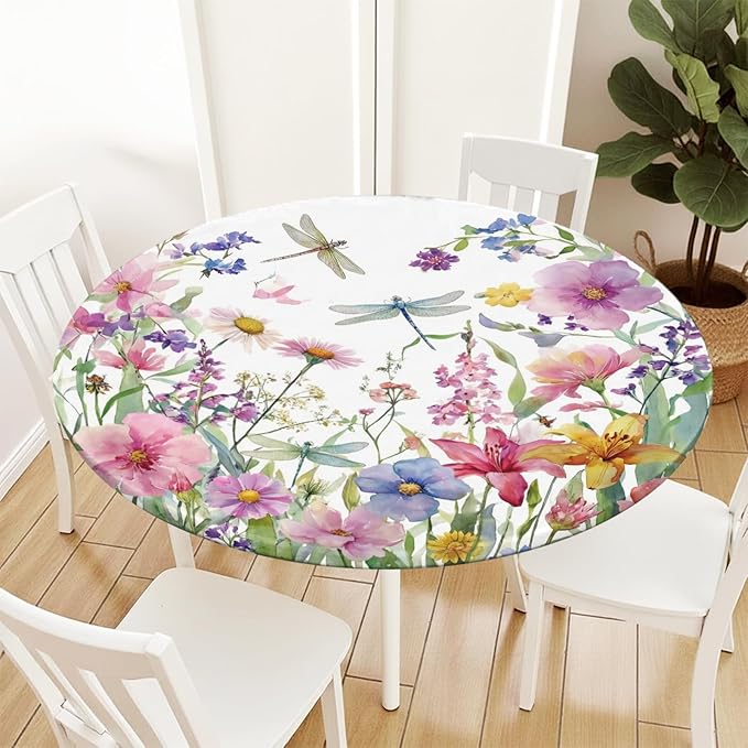 Spring Summer Floral Round Fitted Tablecloth with Elastic Wildflower Dragonfly Circle Table Cloth for 44-48" Tables Farmhouse Easter Flowers Stretch Waterproof Table Cover for Picnic Outdoor Dining