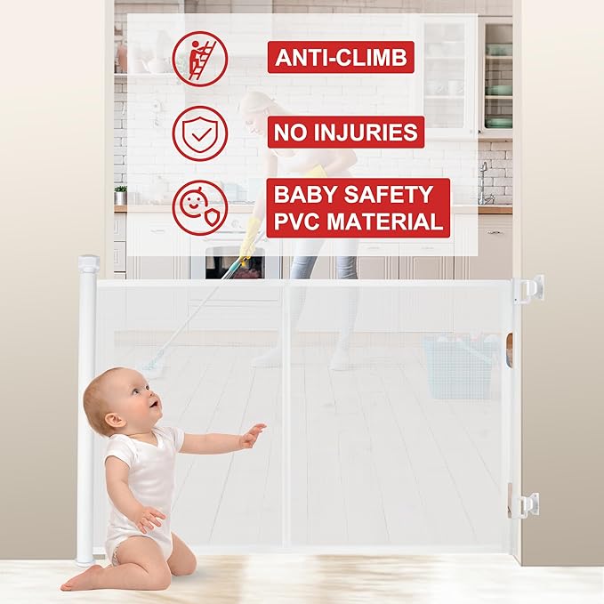 100 inches Retractable Baby Gate, 34 inches Tall Extra Wide Mesh Safety Gate for Open Floor Plans, Wide Doorways, Baby and Pet Barrier for Indoor Outdoor Use, White