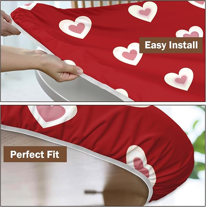 Valentines Day Round Fitted Tablecloth with Elastic Red Pink Heart Circle Table Cloth for 44-48" Round Tables Wipeable Waterproof Washable Burgundy Valentine Table Cover for Picnic Dining Party Decor