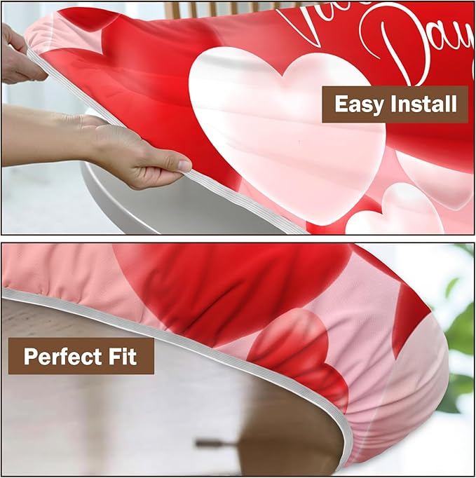 Valentines Day Round Fitted Tablecloth with Elastic Red White Love Heart Circle Table Cloth for 36-40" Round Tables Wipeable Waterproof Washable Valentine Table Cover for Picnic Dining Party Decor