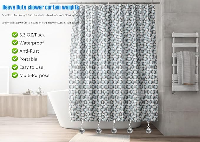 4 Pack Shower Curtain Weights, Prevent Curtain Liner from Blowing Around, Stainless Steel Shower Liner Weights Clip Down Curtain, Garden Flags Tablecloth