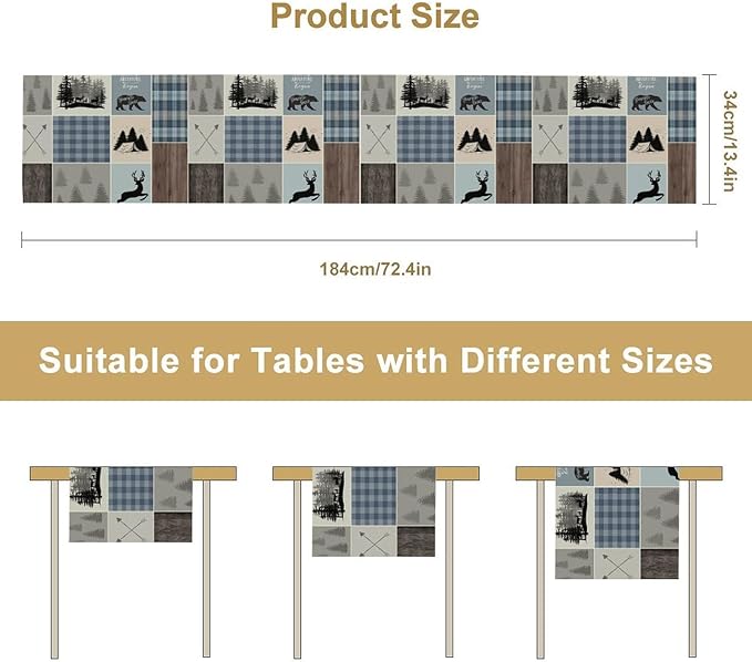 Rustic Bear Deer Table Runner, Blue Checkered Nature Forest Wildlife Farmhouse Cabin Country Table Runner for Outdoor Dining Kitchen Camping Party 13x60in
