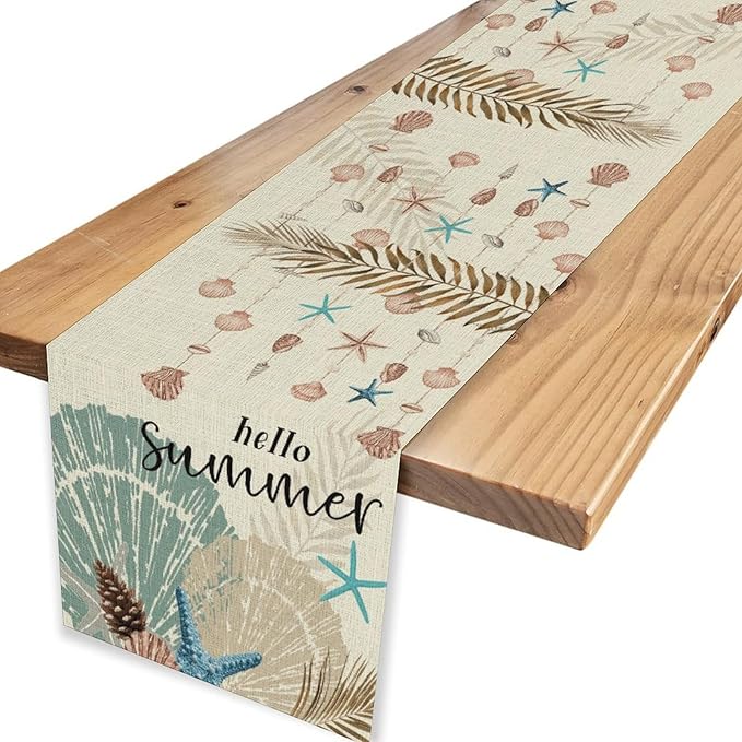 Nautical Coastal Table Runner, Rustic Starfish Seashells Tropical Leave Ocean Beach Hello Summer Farmhouse Coffee Table Center Decor for Home Kitchen Dining Patio Outdoor Table Decorations, 13"x36"