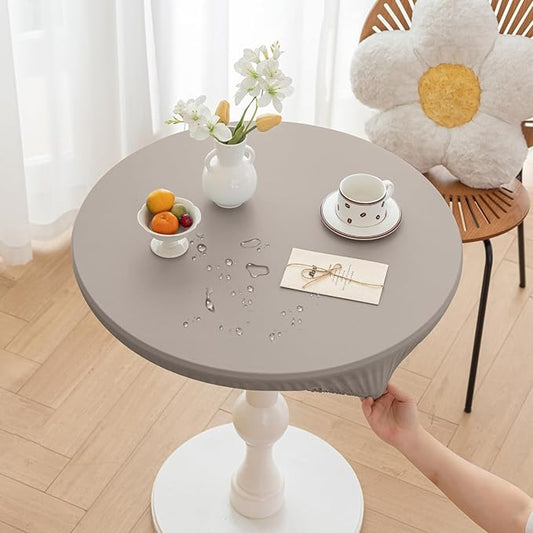 Round Fitted PU Tablecloth with High Elastic Edge 51 Inch Dia Waterproof Oil Proof Table Cloth Anti-Scald Stain-Resistant Wipeable Table Cover for Indoor Outdoor Picnic (Grey,51" Dia)