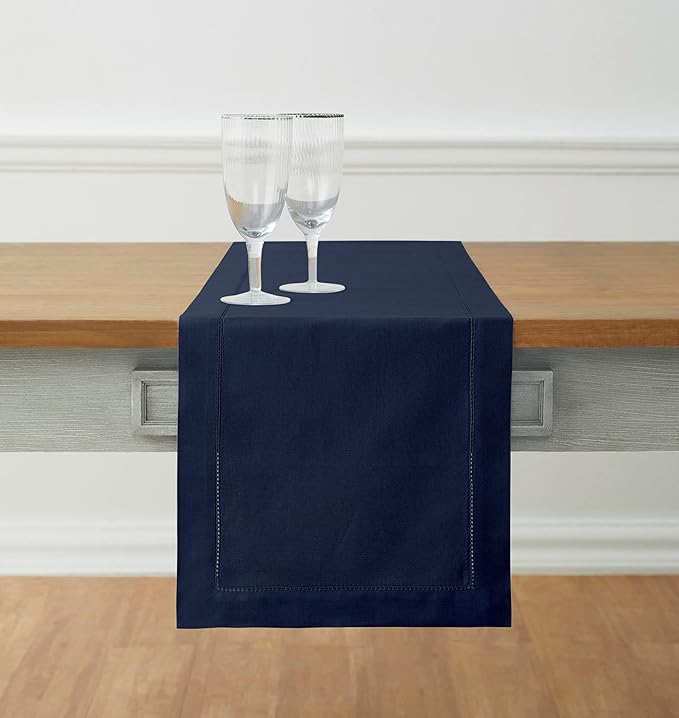 Solino Home Navy Blue Table Runner 120 Inches Long - Cotton Linen Hemstitch 14 x 120 Inch Table Runner for Dining, Spring, Easter, Winter