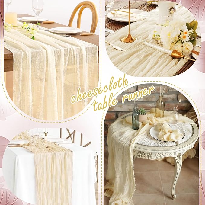 8 Packs Cheesecloth Table Runner 10FT Long Boho Gauze Fabric Table Runner Vintage Rustic Sheer Runners for Wedding Party Bridal Baby Shower Table Decorations (Ivory )