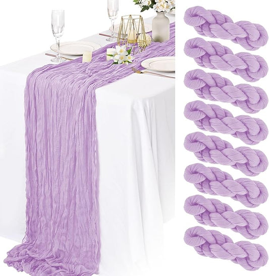 8 Packs Cheesecloth Table Runner 10FT Long Boho Gauze Fabric Table Runner Vintage Rustic Sheer Runners for Wedding Party Bridal Baby Shower Table Decorations (Lilac)